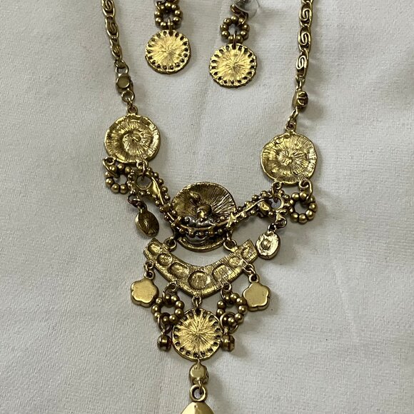 Art Deco-styled Brown/Gold Tone Fashion Costume Necklace & Earring Set - Picture 7 of 9